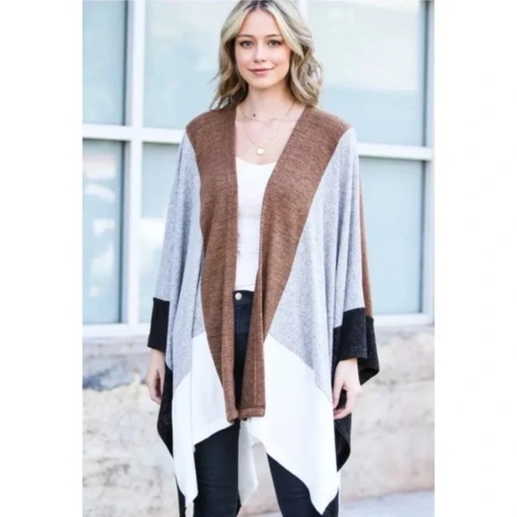 Gray Camel Color Block Dolman Poncho Cardigan - Picture 3 of 6